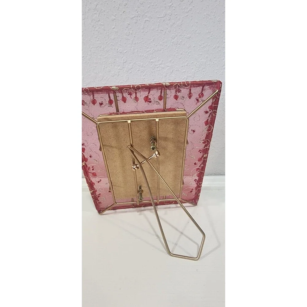 Holds 4x6 Picture Frame Red Mesh Fabric Gold Wire Beaded Accents Boho
